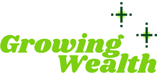 The logo for 'Growing Wealth' featuring the brand name in a bright lime green italicized font, accented by two small green pixelated starburst shapes on a plain white background.
